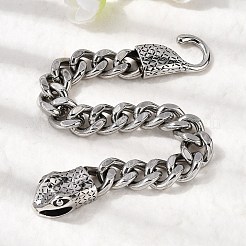 304ステンレススチール製キューバンリンクチェーンブレスレット（ユニセックス）  ヘビ  アンティークシルバー＆ステンレス鋼の色  8-3/4インチ（22.3cm）&nbsp;BJEW-A092-03P