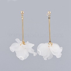 花びら透明アクリルダングルスタッドピアス  厚紙箱付き  真鍮とプラスチック製のピアスキャッチ  18KGP本金メッキ  ホワイト  55~56mm  ピン：0.8mm&nbsp;EJEW-JE03311-03