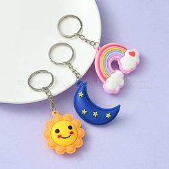Pvc プラスチック ペンダント キーホルダー  プラチナメッキ鉄スプリットキーリング付き  太陽と月と虹  ミックスカラー  10.1~11cm  3個/セット&nbsp;KEYC-YW0001-11