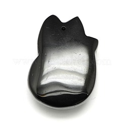 キツネ形の天然なオブシディアンのカメオのペンダント  ブラック  35x25x12mm  穴：1mm&nbsp;G-F081-01