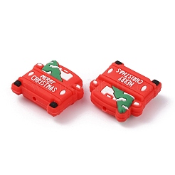 シリコンビーズ  木とメリークリスマスの言葉が入ったトラック  レッド  28x28.5x10.5mm  穴：2mm&nbsp;SIL-WH0002-64