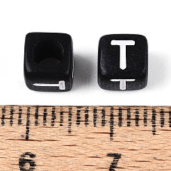 初期のアクリル水平穴ビーズ  キューブ  ブラック  文字t  6x6x6mm  穴：3.5mm  333個/ 50g&nbsp;X-OACR-ZX006-35T
