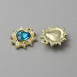 黄金の合金ペンダント  ラインストーン付き  ハートチャーム  ブルージルコン  17.5x15.5x4mm  穴：1.8mm&nbsp;FIND-WH0160-61I