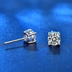 変色防止 925スターリングシルバー モアッサナイトラインストーンイヤリング  正方形  プラチナ  5x5mm&nbsp;AJEW-U007-05P