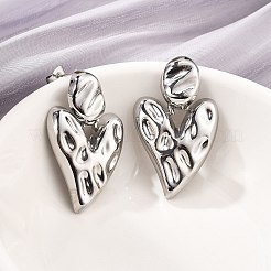 304ステンレススチールダングルスタッドピアス  槌目模様のハート  ステンレス鋼色  37x23mm&nbsp;EJEW-D319-13P