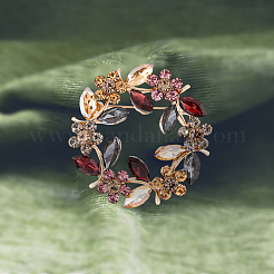 花の花輪カラフルなラインストーンのブローチ  バックパック服用合金ラペルピン  ライトゴールド  41x41.5x14mm&nbsp;JEWB-WH0026-19