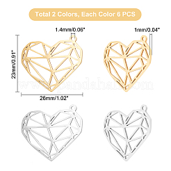 12個2色201ステンレスペンダント  ハート  本金メッキ&ステンレススチールカラー  23x26x1mm  穴：1.4mm  6個/カラー&nbsp;STAS-DC0010-59