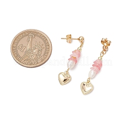 304ステンレススチールダングルスタッドピアス5組  花のアクリルビーズ、天然養殖淡水真珠、304ステンレススチールチャーム付き  ゴールドカラー  34x8mm  5ペア/セット&nbsp;EJEW-JE06391