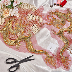 2個 2スタイル ドラゴンシェイプ ポリエステル刺繍 縫い付けフラワーアップリケ  プラスチック製のスパン付き  ウェディングドレスの縫製工芸品の装飾  チョンサム  ゴールド  460x265x1.5mm  1個/スタイル&nbsp;PATC-MA0001-36