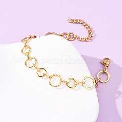 304ステンレススチール製ラウンドリングリンクチェーンブレスレット（女性用）  ゴールドカラー  6.57インチ（16.7cm）&nbsp;BJEW-F536-01G