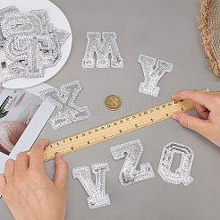 26個の文字 a~z グリッターパウダーとスパンコールの縫い付け布パッチ  縫製工芸品の装飾  銀  65x28.5~71x1.5mm&nbsp;PATC-MA0001-54B