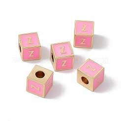 メッキ真鍮エナメルビーズラック  カドミウムフリー＆ニッケルフリー＆鉛フリー  18KGP本金メッキ  文字付きのキューブ  パールピンク  文字.z  6x6x6mm  穴：2.5mm&nbsp;KK-B060-04G-05Z