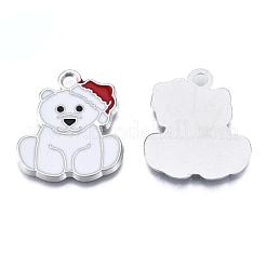 クマの合金エナメルペンダント  クリスマステーマ  プラチナ  乳白色  24.5x21x2mm  穴：2mm&nbsp;X-ENAM-R041-33
