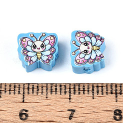 プリントされた手作りポリマー粘土ビーズ  蝶  ライトスカイブルー  7~7.5x8.5~9x4.5~5mm  穴：1.8~2mm&nbsp;CLAY-T022-13