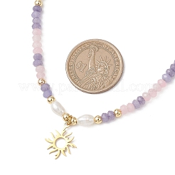 染色された天然マレーシアジェイドと天然養殖淡水真珠ビーズブレスレットとネックレスセット  304ステンレススチールジュエリーセット  パープル  ネックレス：16.06インチ（40.8cm）&nbsp;SJEW-JS01373-01