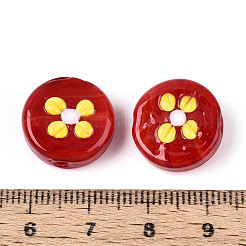 手作りランプワークビーズ  花付きフラットラウンド  ファイヤーブリック  16~16.5x7~9mm  穴：1.2~1.8mm&nbsp;LAMP-ZX003-10-04