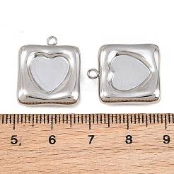 304ステンレススチールペンダントカボションセッティング  ハートチャーム付きスクエア  ステンレス鋼色  19.5x17x5mm  穴：1.8mm  トレイのサイズ：10.5x10.5mm&nbsp;SA-CBACA10-02P