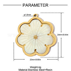 304ステンレス鋼、樹脂ペンダント付き  イオンプレーティング（ip）  花のチャーム  鏡面研磨仕上げ  ホワイト  18KGP本金メッキ  24x23mm  穴：1.6mm&nbsp;RE-OY001-03G