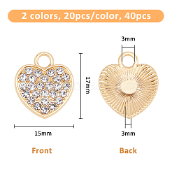 40色合金ラインストーンペンダント2個。  ハートチャーム  プラチナ＆ライトゴールド  17x15x3mm  穴：3mm  2個/カラー&nbsp;FIND-FH0008-95