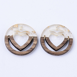 樹脂＆ウォールナットウッドペンダント  金箔  ハートと環  透明  25x3mm  穴：1.8mm&nbsp;RESI-N025-010A-A01