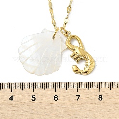 夏のビーチ用天然シェル＆304ステンレススチールペンダントネックレス（女性用）  18KGP本金メッキ  エビ  15.24インチ（38.7cm）  エビ：23x11ミリ​​メートル&nbsp;NJEW-P323-01C-G