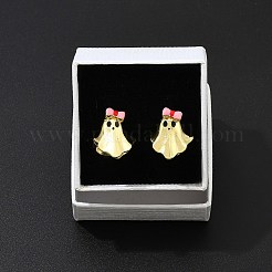 蝶結びのゴースト真鍮スタッドピアス  カドミウムフリー＆鉛フリー  ラックめっき  エナメル  18KGP本金メッキ  ピンク  0.71x0.61インチ（1.8x1.55cm）&nbsp;EJEW-B149-01G-01