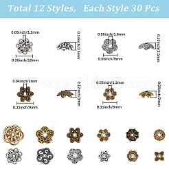 360 個 12 スタイル チベット スタイル合金ビーズ キャップ  花  ミックスカラー  7~12.5x2~3.5mm  穴：1~2mm  30個/スタイル&nbsp;TIBE-SC0002-32