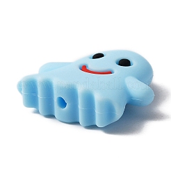 食品グレードの環境に優しいシリコーンビーズ  ハロウィンモチーフ  ゴースト  ライトスカイブルー  23.5x25x7.5mm  穴：2mm&nbsp;LS-SIL-WH0002-34A