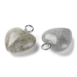 天然石ラブラドライトペンダント  プラチナメッキ真鍮ループ付きハートチャーム  14.8~15x12x4.1~4.6mm  穴：2mm&nbsp;G-E603-01P-08