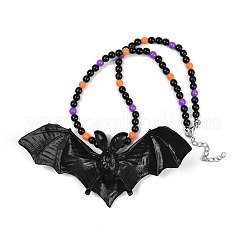 ハロウィーンのアクリル製コウモリペンダント、プラスチック製の丸いビーズネックレス  鉄端チェーンと  プラチナ  ブラック  16.34インチ（41.5cm）&nbsp;NJEW-H083-01