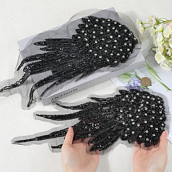 2個 2スタイル ポリエステル刺繍 縫い付けアップリケ  プラスチックスパンコール付き プラスチックパール付き  ミシンクラフト装飾  ブラック  415x180x5mm  1個/スタイル&nbsp;DIY-CY0001-02B-03