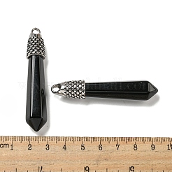 天然黒曜石の尖った大きなペンダント  ラックメッキを施したファセット加工の弾丸チャーム、アンティークシルバートーンの合金製金具  カドミウムフリー＆鉛フリー  58x11x11mm  穴：5x4mm&nbsp;G-F766-02AS-09