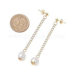 ガラスの模造真珠の丸いタッセルスタッドピアス  アクリルビーズキャップ、304ステンレススチールチェーンエクステンダー、真鍮スタッドピアス金具、真鍮フリクションイヤナット付き  ゴールドカラー  ホワイト  81x12mm&nbsp;EJEW-JE06453-02