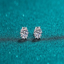 変色防止 925スターリングシルバー モアッサナイトラインストーンイヤリング  花  プラチナ  6.3x6.3mm&nbsp;AJEW-U007-06P