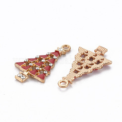 メッキ合金エナメルチャームラック  クリスタルラインストーン付き  カドミウムフリー＆ニッケルフリー＆鉛フリー  クリスマスツリー  ライトゴールド  レッド  32.5x18x3mm  穴：2mm&nbsp;ENAM-S126-044-NR