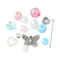 DIY ストレッチ ブレスレット メイキング キット  花、イミテーションパール、キューブアクリル、プラスチックビーズを含む  ハートプラスチックリンクリング  蝶合金チャーム  ミックスカラー  198個/セット&nbsp;DIY-FS0004-04
