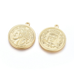 真鍮チャーム  長持ちメッキ  人間とフラットラウンド  18KGP本金メッキ  28.5x25x1.5mm  穴：1.8mm&nbsp;KK-G389-07G