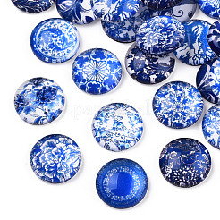 青と​​白の花​​の印刷されたガラスカボション  半円/ドーム  スチールブルー  12x4mm&nbsp;GGLA-A002-12mm-XX
