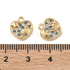 真鍮の舗装キュービックジルコニアペンダント  ハートチャーム  18KGP本金メッキ  ディープスカイブルー  11.5x10.5x3mm  穴：1.4mm&nbsp;KK-A286-01G