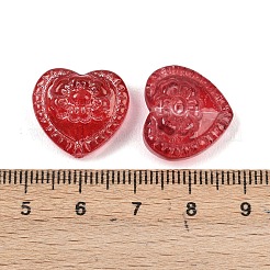 ガラスビーズ  花柄ビーズ付きハート  グリッターパウダー付き  ファイヤーブリック  16x17.5x7.5mm  穴：1.2mm&nbsp;X-GLAA-G126-01C