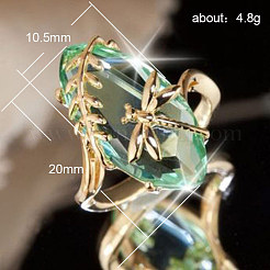 葉とトンボの真鍮ガラス指輪  ゴールドカラー  アクアマリン  20x10.5mm  usサイズ7（17.3mm）&nbsp;FS-WGB6037-01