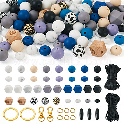 DIY ビーズ キーホルダー ブレスレット メイキング キット  合金分割キーリングとクラスプを含む  プラスチックの留め金  シリコン＆ウッドヨーロピアンビーズ  目と六角形と丸のある八角形  ミックスカラー&nbsp;DIY-TA0004-23