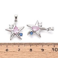 真鍮の舗装キュービックジルコニアペンダント  ヒトデのチャーム  プラチナ  19~19.5x17x5mm  穴：5x2~2.5mm&nbsp;KK-T080-77P