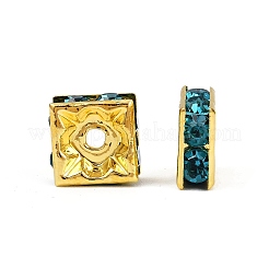 真鍮製ラインストーンスペーサービーズ  グレードA  正方形  ニッケルフリー  ゴールドカラー  アクアマリン  8x8x4mm  穴：1mm&nbsp;RSB074NF-13G