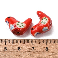 手作りプリント陶器ビーズ  ピジョン  レッド  12.5~13x17~19x7~8.5mm  穴：1.5mm&nbsp;PORC-F005-04B-1