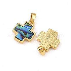ラックメッキ真鍮天然パウア貝ペンダント  クロス  ゴールドカラー  15.5x12.5x3mm  穴：5mm&nbsp;KK-U025-03G-02-1