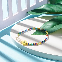ビーズのストレッチブレスレット  ポリマークレイの花のビーズ  天然な培養された淡水パールビーズ  ガラスシードビーズ  きいろ  1/8インチ（0.3cm）  内径：2-1/4インチ（5.7cm）&nbsp;BJEW-JB07521-01