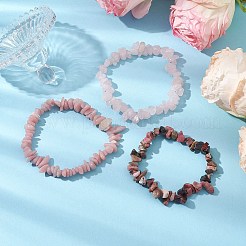 天然ローズクォーツ＆天然ロードナイト＆天然ピンクオパールチップビーズストレッチブレスレットセット3個  内径：2~2-1/8インチ（5.2~5.5cm）&nbsp;BJEW-JB10858