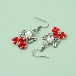 ガラスダングルピアス  合金ビーズと304ステンレススチールのピアスフック付き  天使  レッド  44~45x18mm&nbsp;EJEW-MZ00319-04