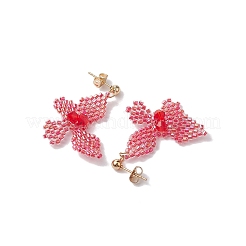 ガラスシードビーズのダングルスタッドピアス  304ステンレススチール製金具付き  蝶  レッド  40x28mm&nbsp;EJEW-MZ00168-01